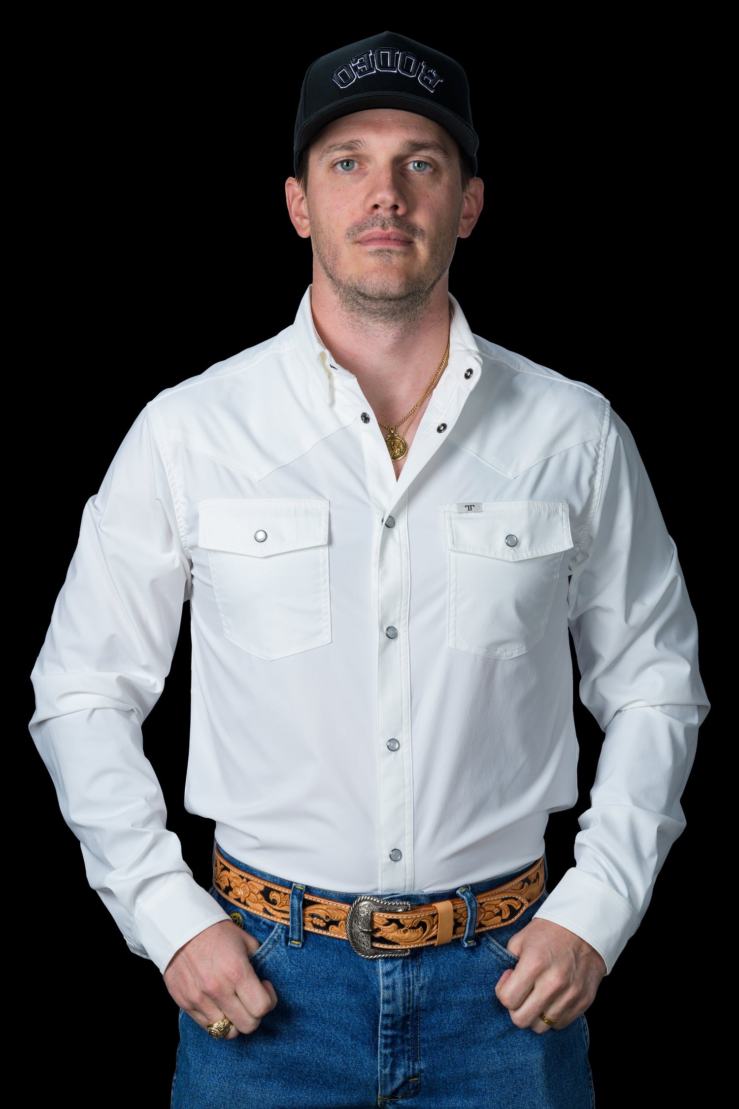 Ferrell Mens CORE White Long Sleeve Snap Shirt with two front pockets with the button down collar snaps at boltranchstore.com