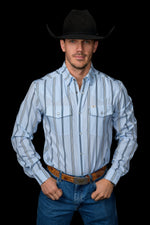 Ferrell Mens Denver Snap Shirt a snap up shirt, two front snap down pockets, long sleeve with a vertical stripe shirt.