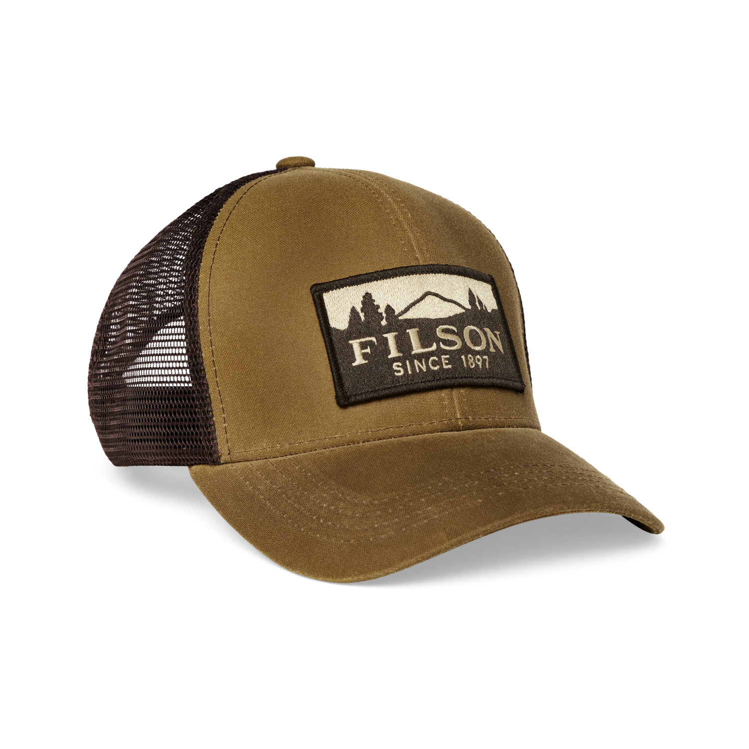 Filson Logger Mesh Cap with a dark tan front and brown mesh back adjustable strap at boltranchstore.com western wear free shipping