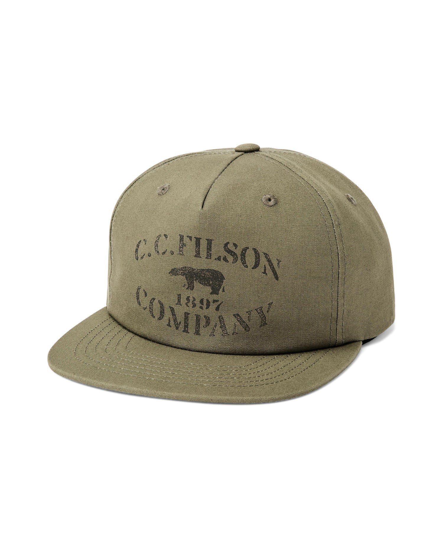 An olive green flat-brim baseball cap with a dark embroidered logo on the front reading 'C.C.
