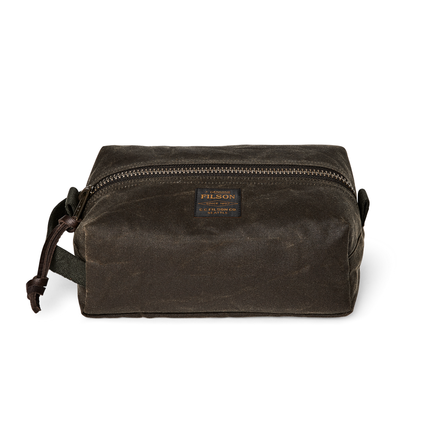 Filson Tin Cloth Travel Kit features awaxed canvas toiletry bag with a zipper and handle at boltranchstore.com