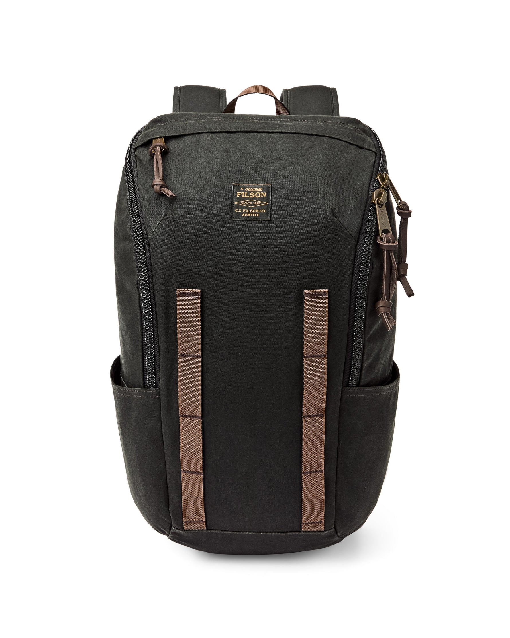 Black backpack with brown accents on with size zippers and top zipper