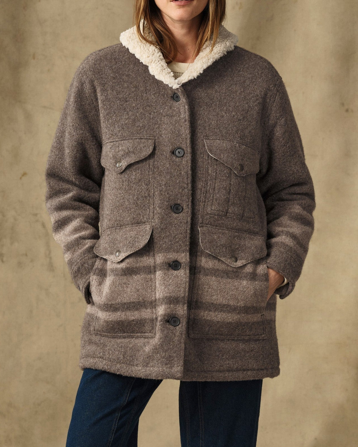 Filson Womens Kodiak Shawl Collar Coat Khaki Heather Stripe khaki heather stripe wool blend shawl collar coat womens western boutique Utah SKU F1520304285  