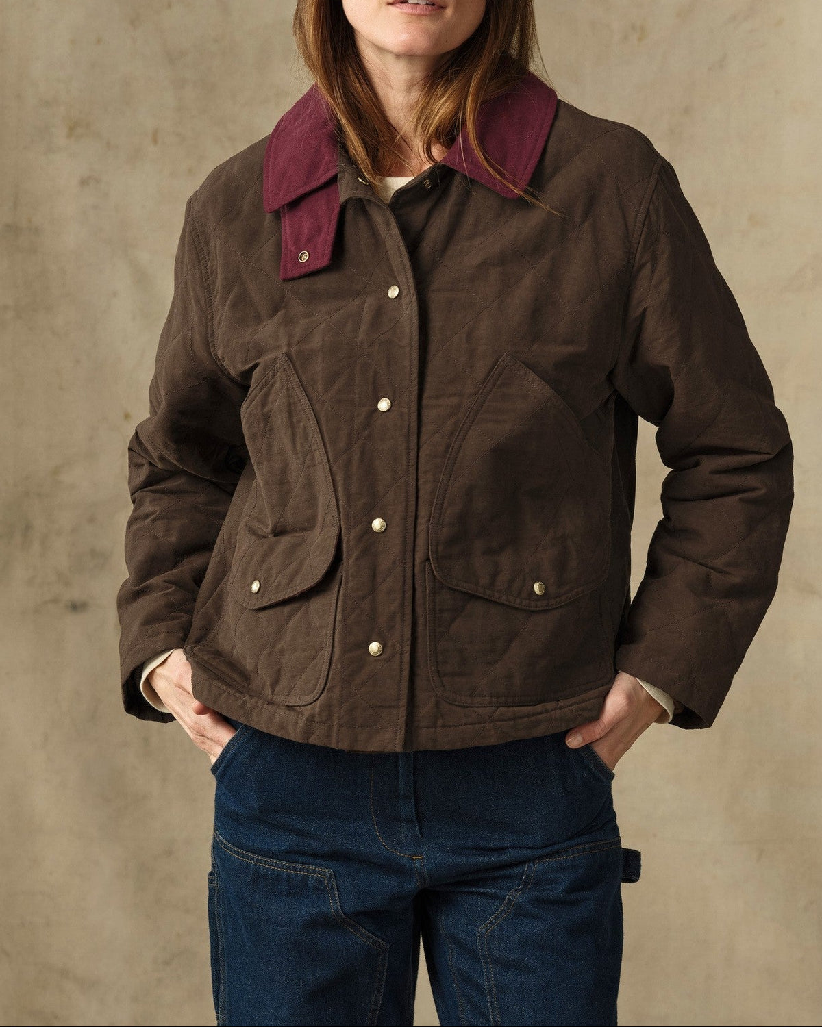 Filson Womens Quilted Outfitter Jacket Dark Brown dark brown quilted cotton blend ranch coat womens western boutique Utah SKU F1520485287