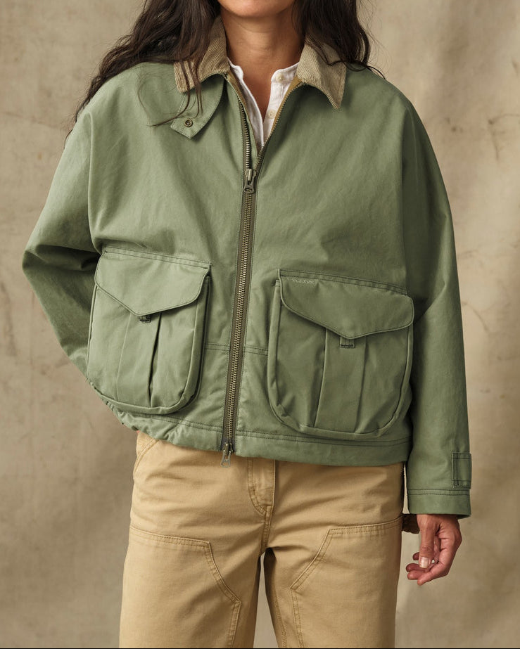 Filson Shelter Cloth Short Work Jacket SKU F15202890891 in Sage Olive  with a full zipper and courdoroy collar with front pockets
