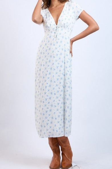 Floral Pattern VNeck SS Midi Dress