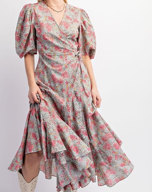 Floral Puff Sleeve Wrap Dress - Pink