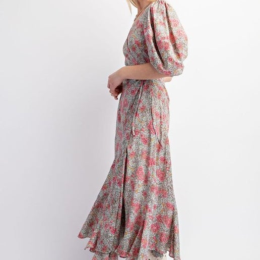 Floral Puff Sleeve Wrap Dress - Pink