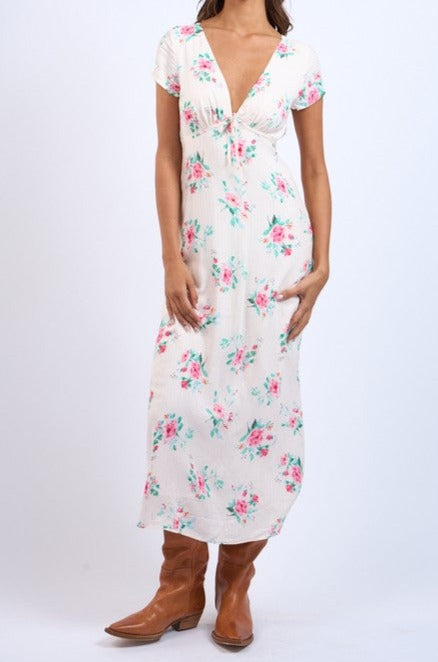 Floral VNeck Front Tie SS Midi Dress