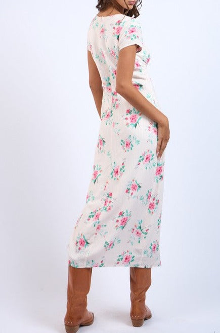 Floral VNeck Front Tie SS Midi Dress