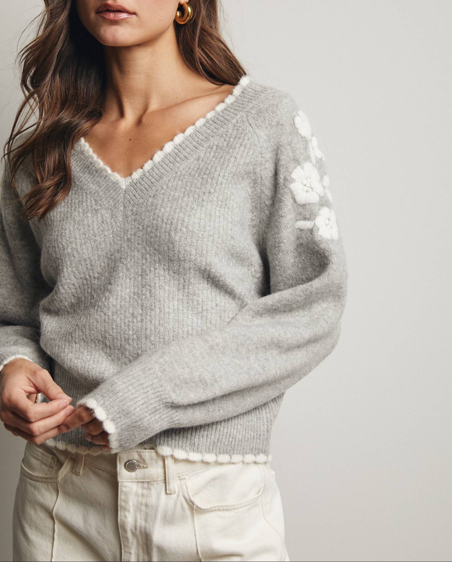 Floral Applique V Neck Sweater western boutique free shipping