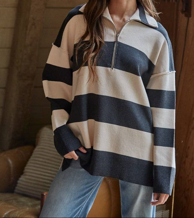 Womens western boutique Utah womens fashion Fontaine Half Zip Long Sleeve Sweater Charcoal Cream SKU W2199 Boltranchstore.com free shipping