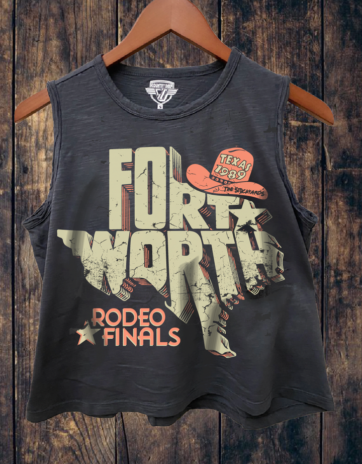 Fort Worth State Rodeo Finals Muscle Crop Top a faded black perfect for fort worth texas at boltranchstore.com