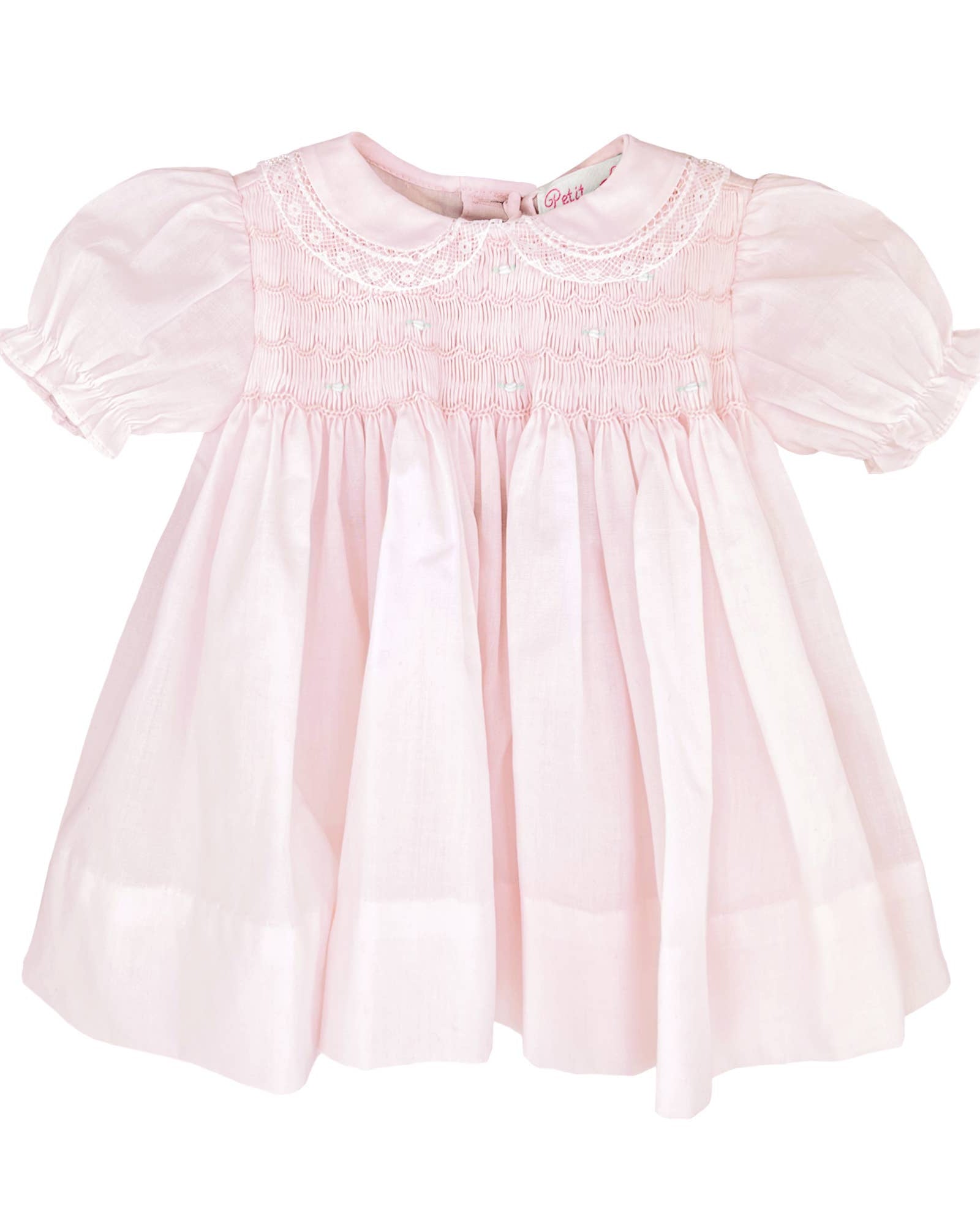 Franny Smocked Dress with Lace at with a peterpan collar with a matching bonnet at boltranchstore.com