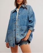 Free People Avery Denim Jacket Got The Blues WOMENS demin chore coat western viral free shipping Boltranchstore.com