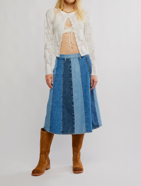 Free People Sunbeam Denim Midi Skirt womens denim multi skirt popular viral Boltranchstore.com free shiping