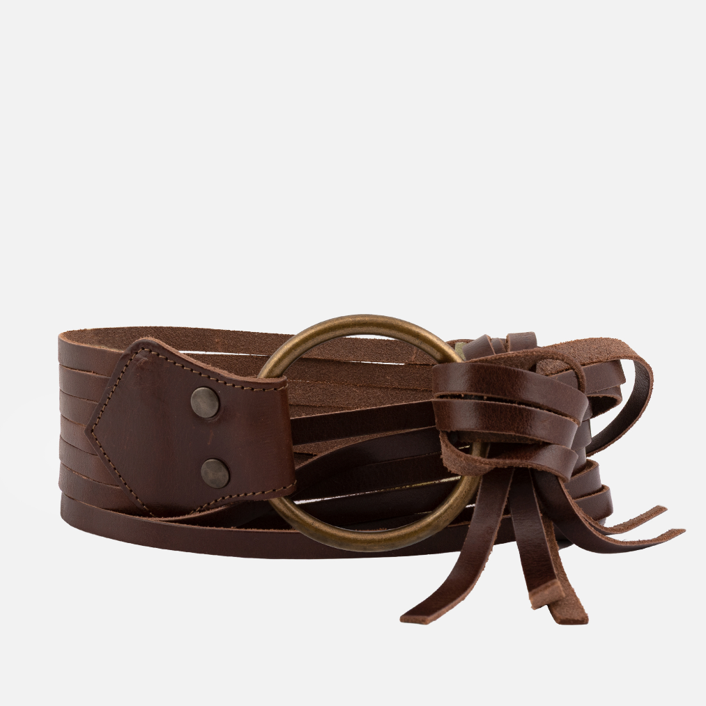 Frida Multi Strap Leather Belt with mult strands of leather stripes with a antique belt loop available at boltranchstore.com