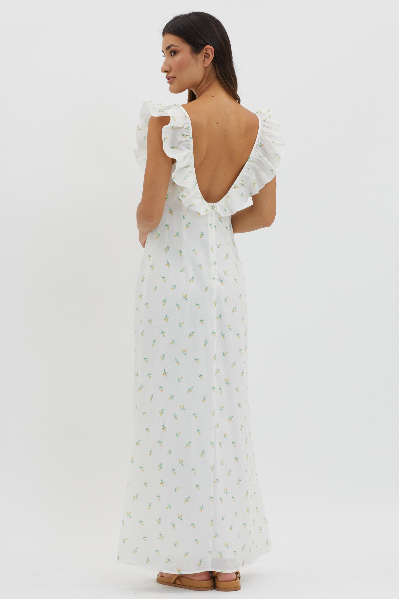 Frill Trimmed Neckline Sleeve Maxi Dress