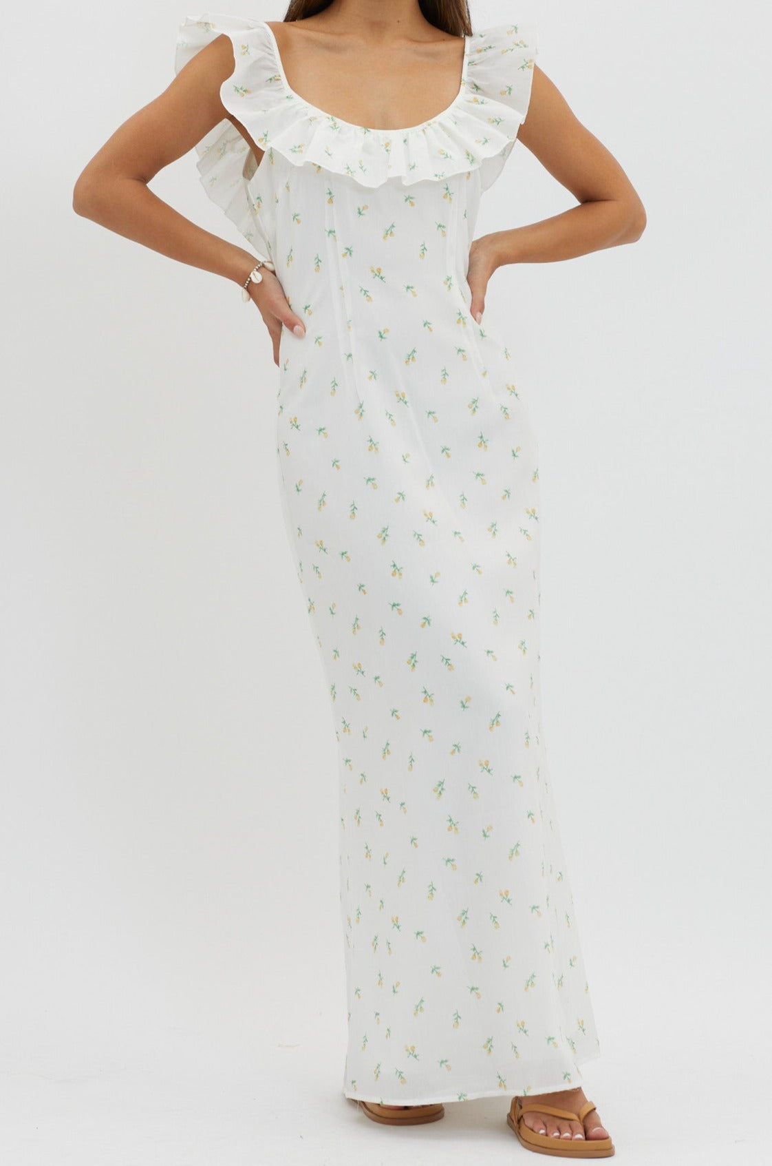 Frill Trimmed Neckline Sleeve Maxi Dress