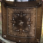Fringe Banditos Silk Scarf Brown traditional brown bandana layout with bronc riders in the corners and cactus edges womens western boutique Utah SKU SCRFBRSKLT0135