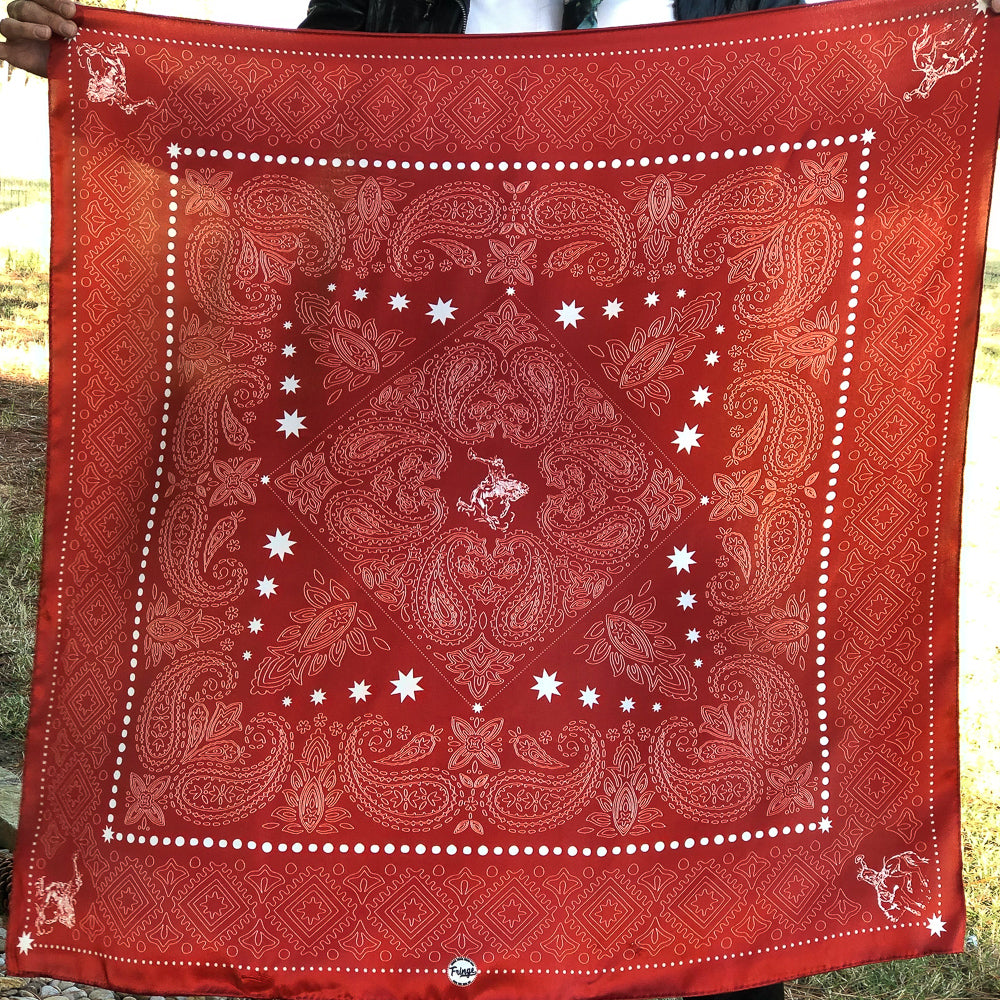 Fringe Banditos Silk Scarf Red traditional red bandana layout with bronc riders in the corners and cactus edges womens western boutique Utah SKU SCRFRDSKLT0134