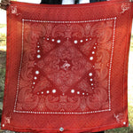 Fringe Banditos Silk Scarf Red traditional red bandana layout with bronc riders in the corners and cactus edges womens western boutique Utah SKU SCRFRDSKLT0134