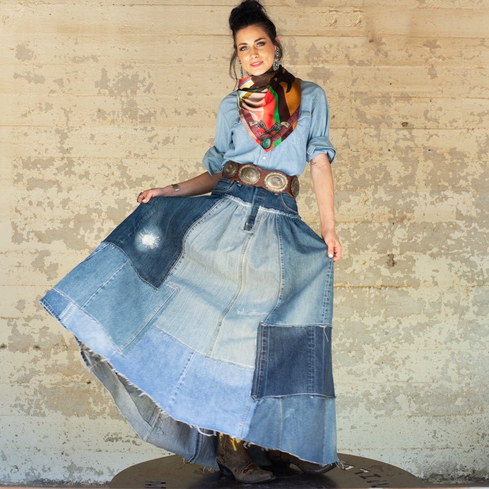 Fringe Son of the West Silk Scarf pairs with a denim jacket knotted loose Park City