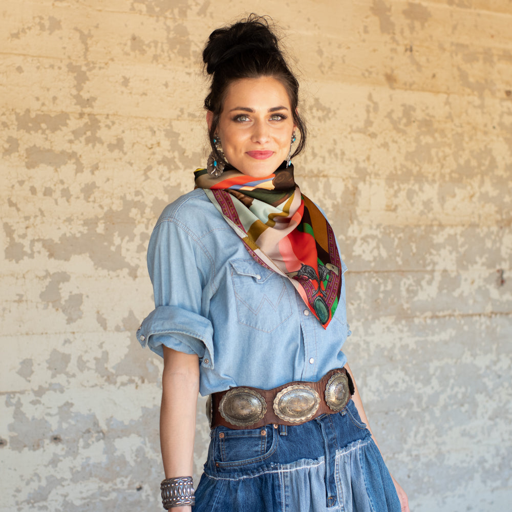 Fringe Son of the West Silk Scarf layers over a western snap shirt womens western clothing