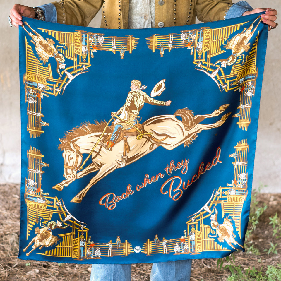 Fringe Back When They Bucked Scarf NAVY bucking horse western cowboy graphic wildrag Boltranchstore.com
