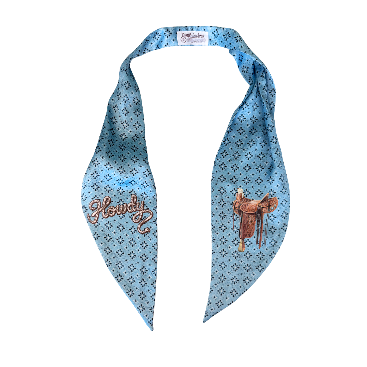 Fringe Pony Express Howdy Scarf at boltranchstore.com free shipping in stock small scarf Light blue patterned scarf with 'Howdy' and saddle design on a white background