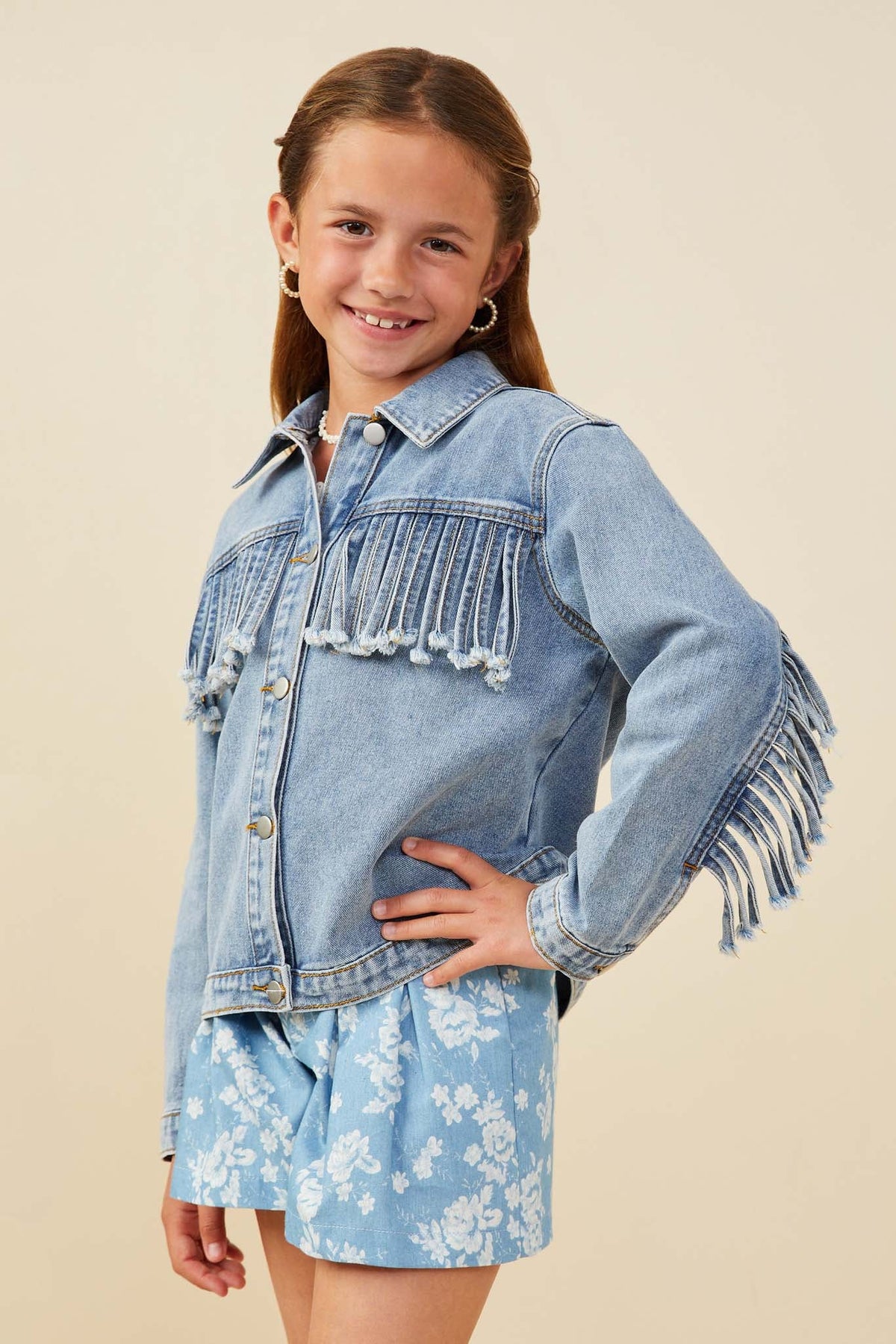 Hayden LA Fringed Detail Denim Jacket ruffle trimmed denim construction in girls sizes SM to XL western fashion