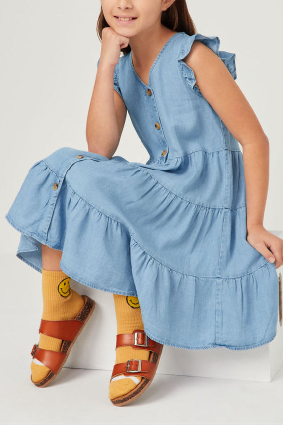 Ruffle Button Down Tiered Dress girls dresses at Bolt Ranch Store free shipping flutter sleeve midi denim dress summer dress hayden girls los angeles
