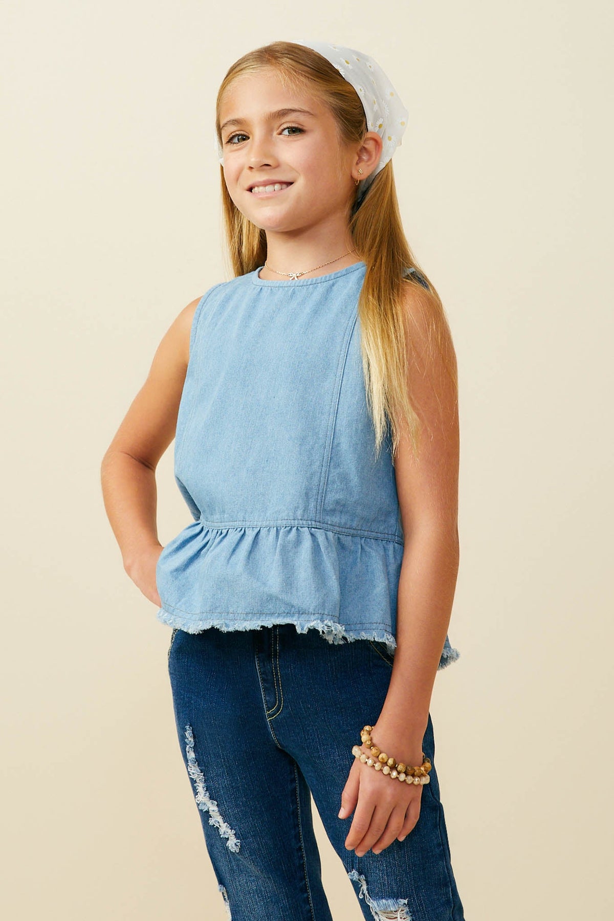 Hayden LA Buttoned Back Denim Peplum Tank light denim cotton girls tank with peplum hem western clothing Utah SKU GY9641