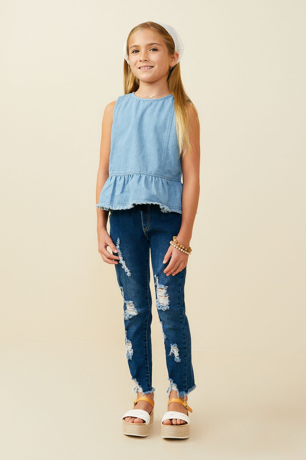 Hayden LA Buttoned Back Denim Peplum Tank round cut neckline with buttoned back closure ranch wear Kamas