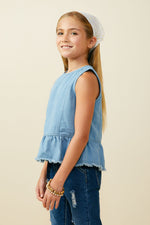 Hayden LA Buttoned Back Denim Peplum Tank washed denim fabric in girls sizes SM to XL western fashion