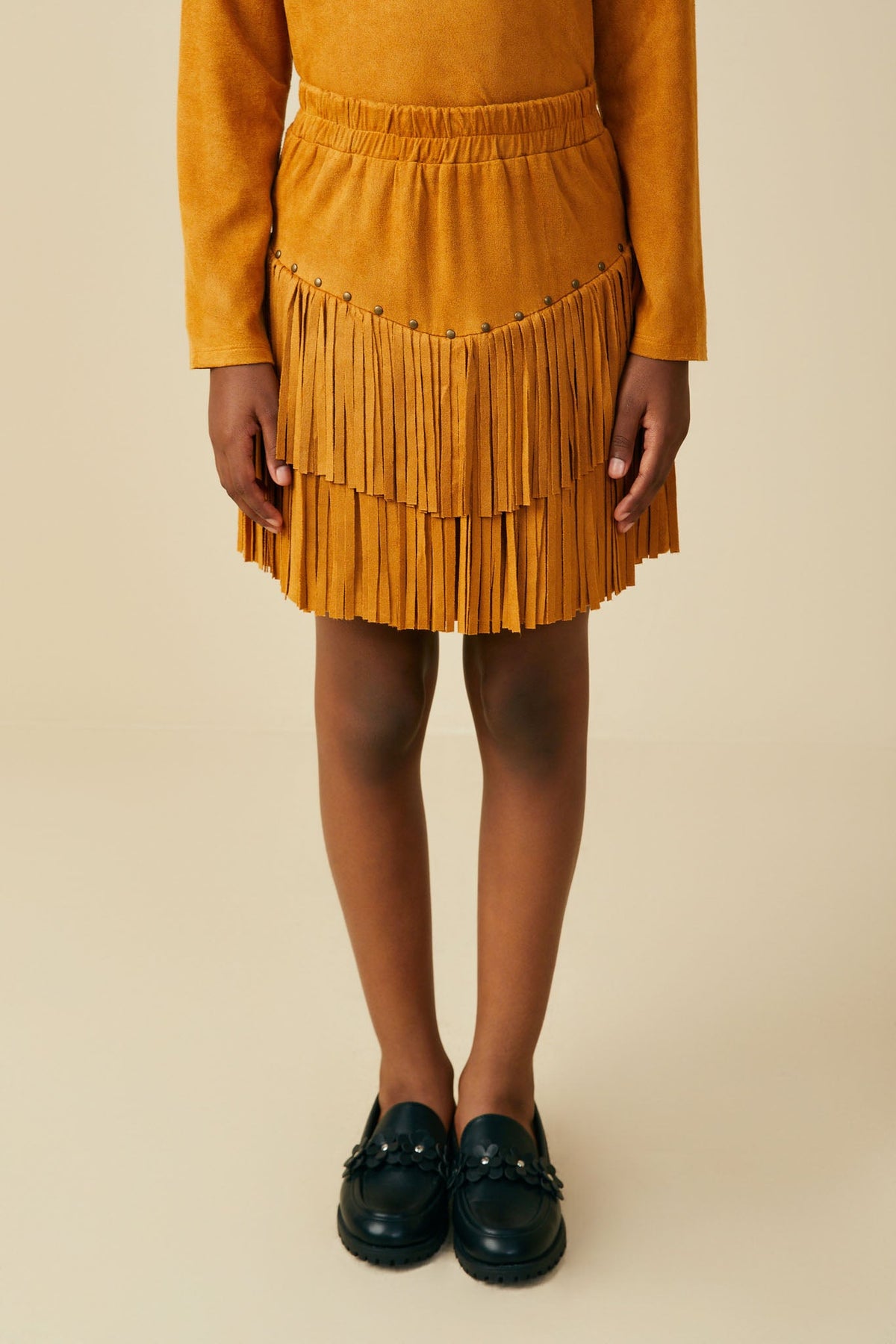 Hayden LA Studs And Fringe Detailed Suede Skirt camel vegan suede girls skirt with fringe hem western clothing Utah SKU GY9905