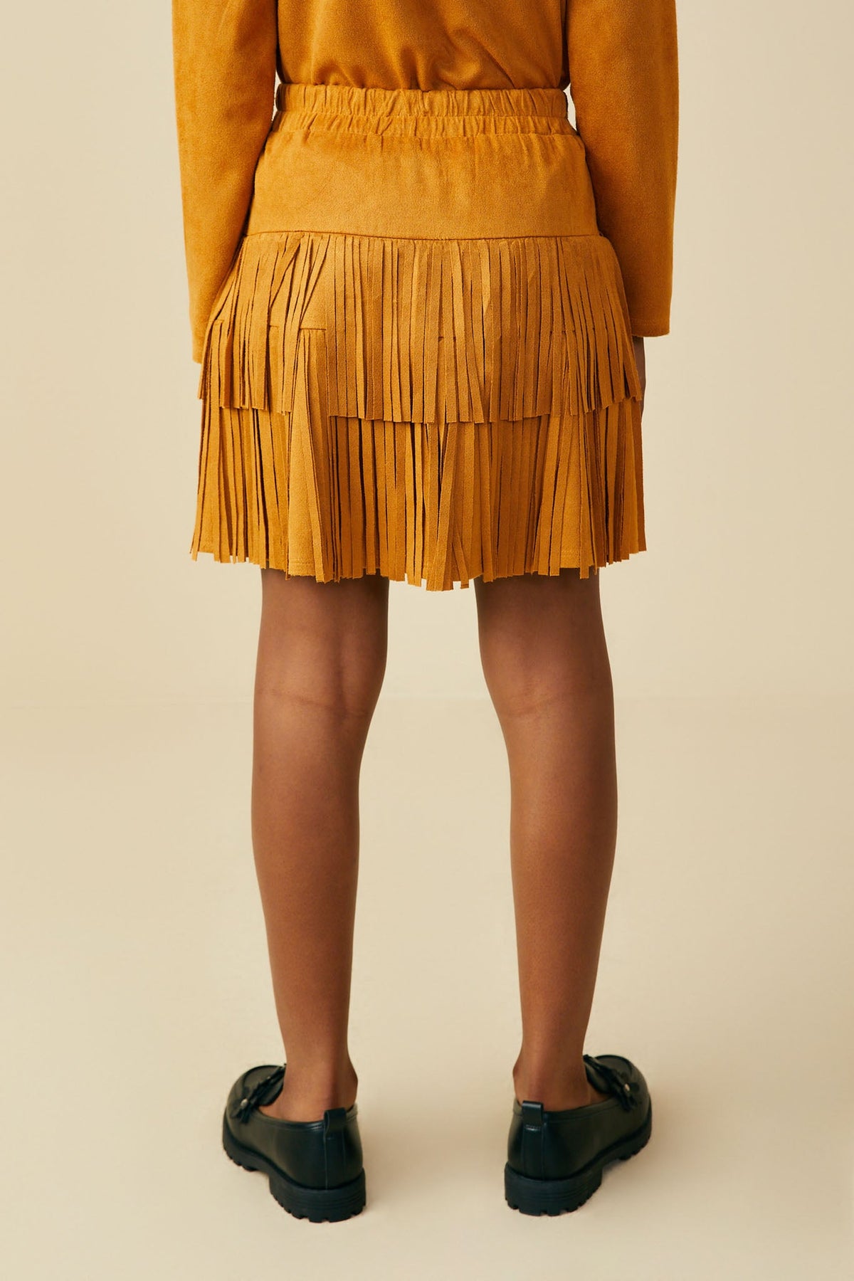 Hayden LA Studs And Fringe Detailed Suede Skirt fringed V hemline in girls sizes SM to XL western fashion