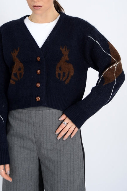 Galswintha Long Sleeve V Neck Cardigan womens sweater blue deer Boltranchstore.com free shipping
