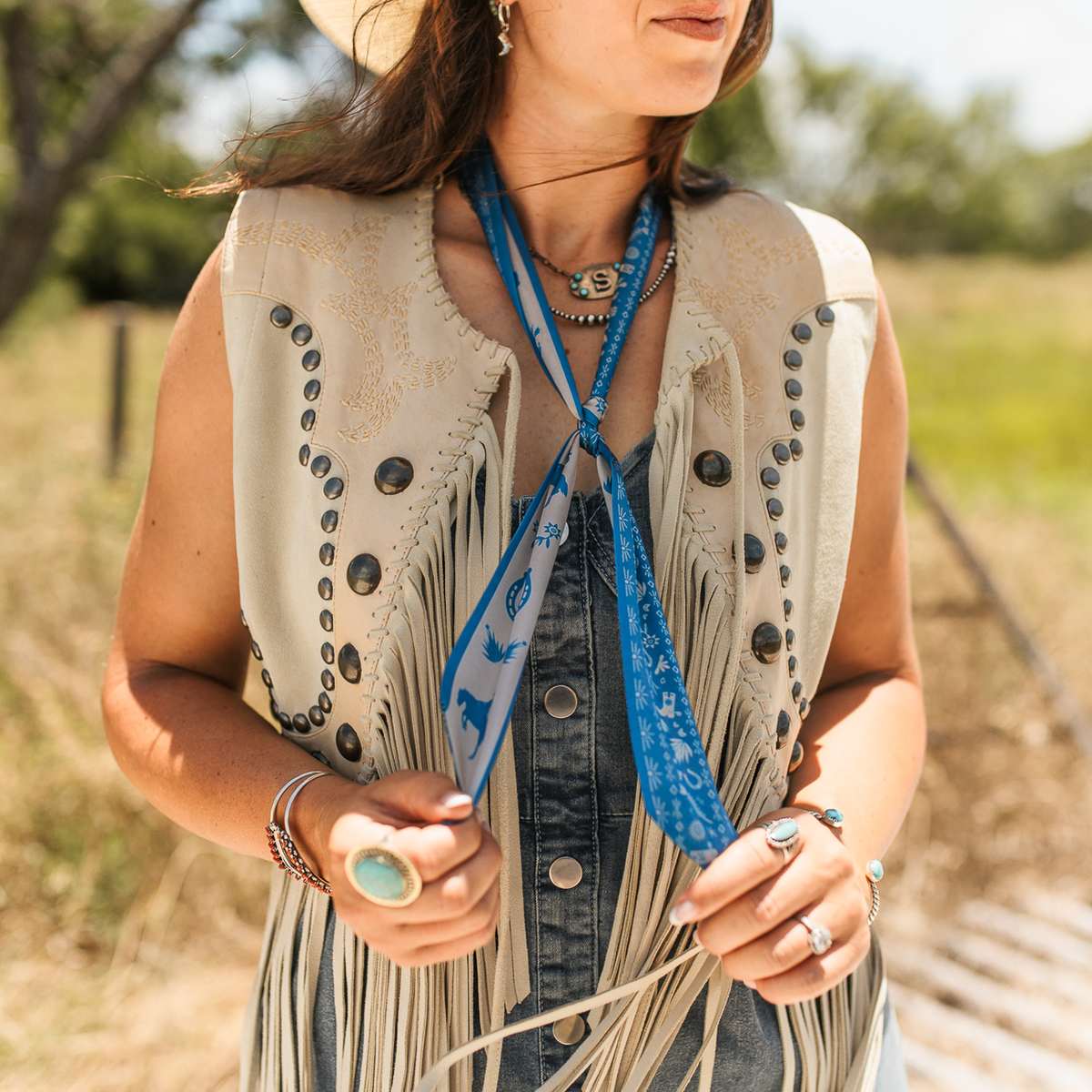 Fringe Scarves Game Day Twilly Down South Doily Blue wrapped around a ponytail or braided into the hair cowgirl