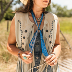 Fringe Scarves Game Day Twilly Down South Doily Blue wrapped around a ponytail or braided into the hair cowgirl