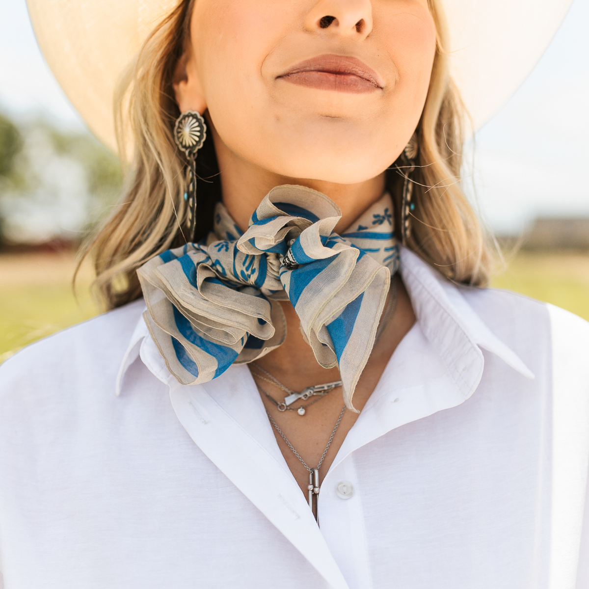 Fringe Scarves Game Day Down South Doily Bandana Blue soft cotton bandana with a splash of silk for a lightweight sheer feel rodeo
