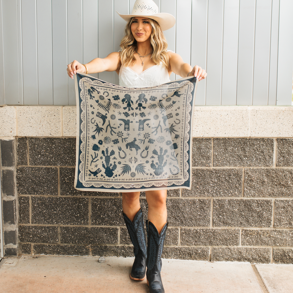 Fringe Scarves Game Day Down South Doily Bandana Navy worn with denim and boots for everyday western style ranch wear