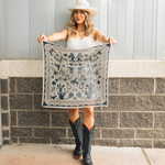 Fringe Scarves Game Day Down South Doily Bandana Navy worn with denim and boots for everyday western style ranch wear