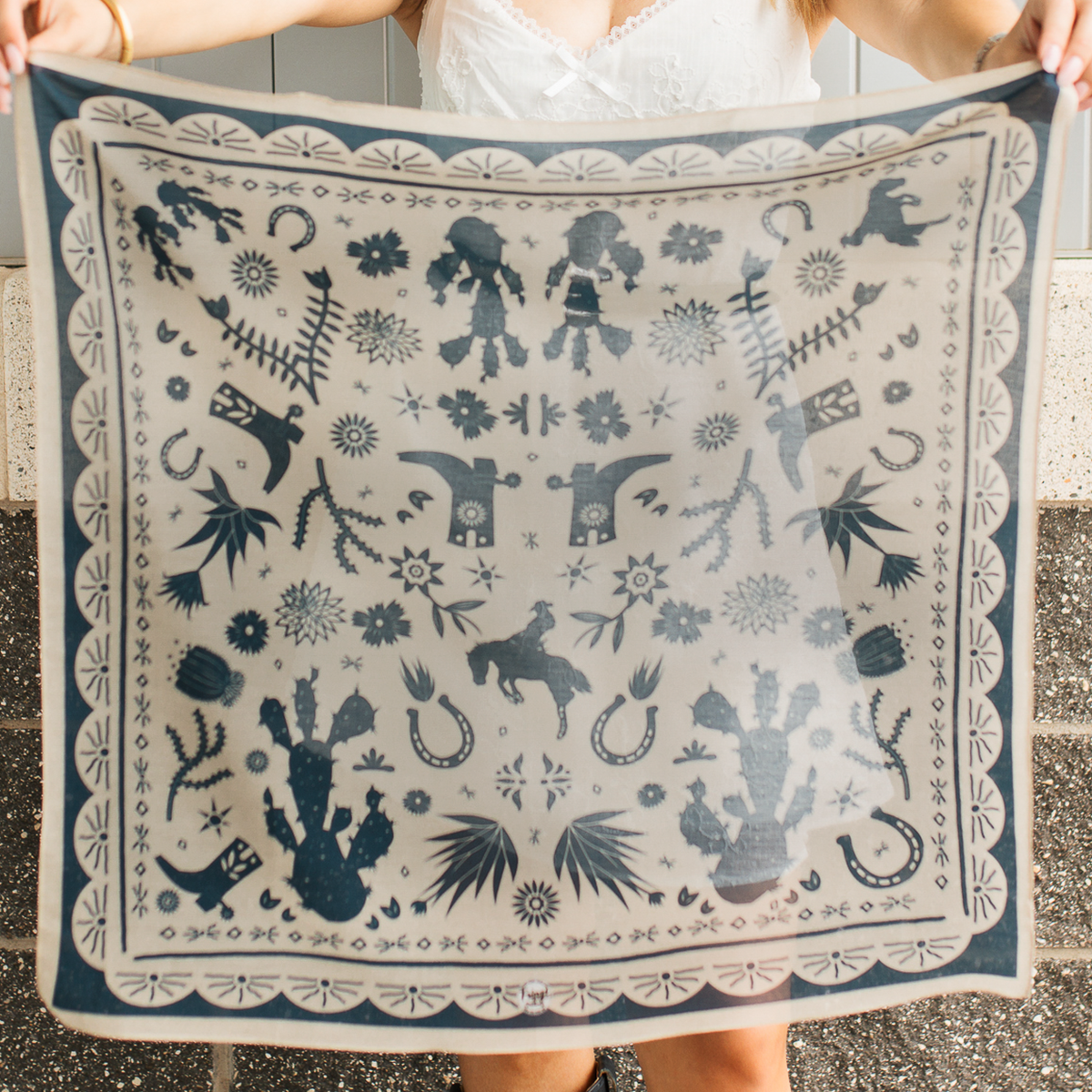 Fringe Scarves Game Day Down South Doily Bandana Navy papel picado inspired print of boots blooms horseshoes and cactus womens western boutique Utah SKU BANDDSDNVY26025