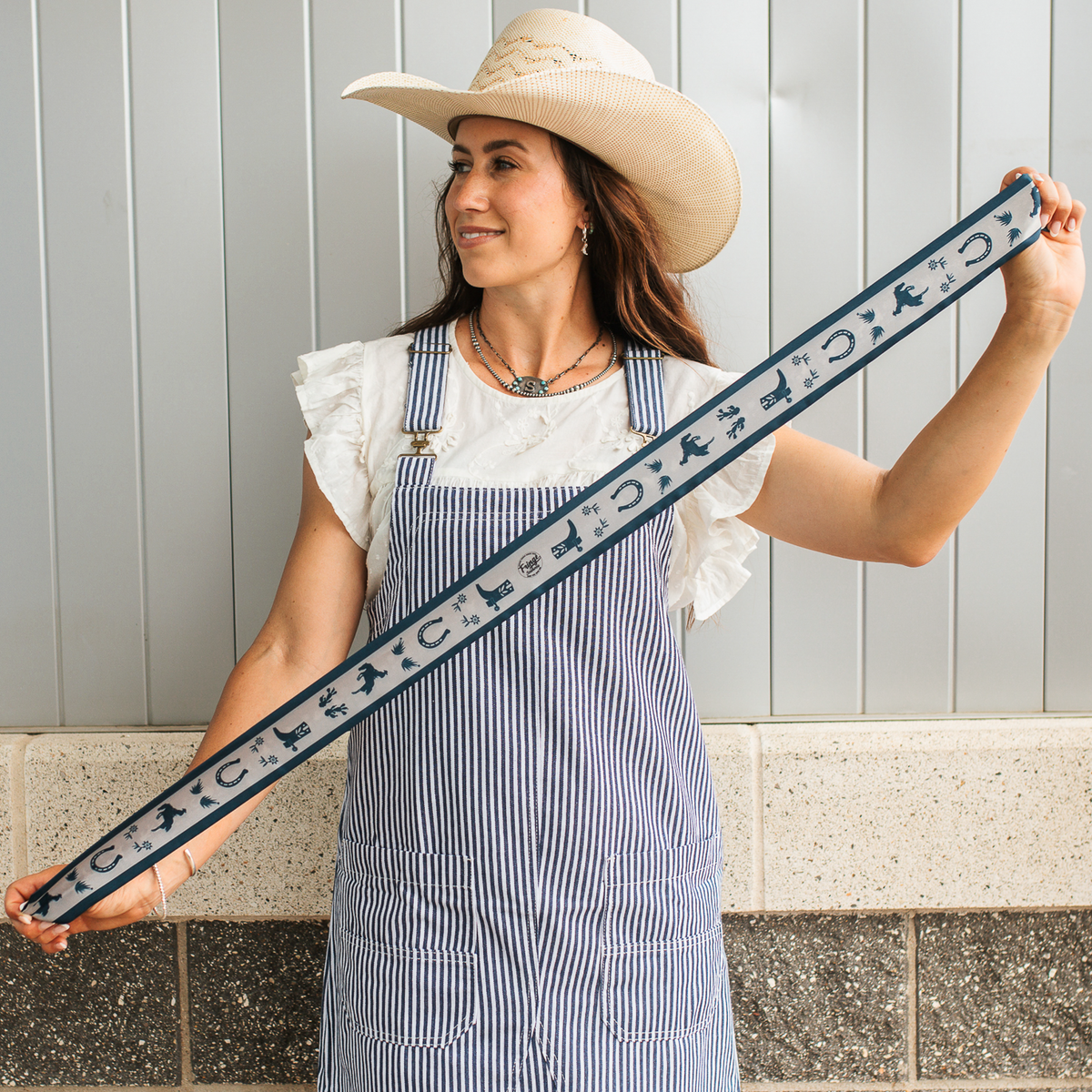 Fringe Scarves Game Day Twilly Down South Doily Navy tied in a bow at the neck for game day spirit western fashion