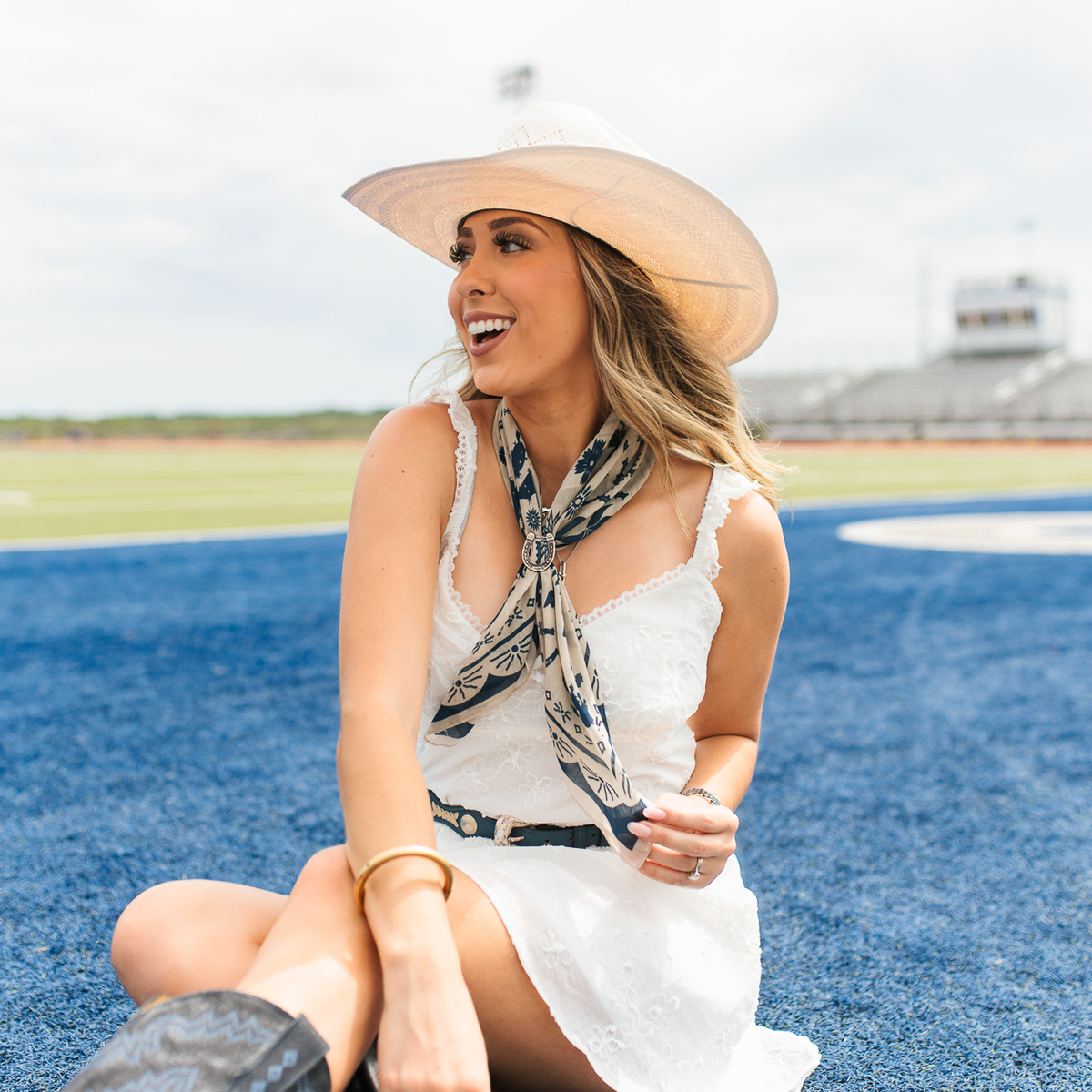 Fringe Scarves Game Day Down South Doily Bandana Navy tied at the neck for game day tailgates and school spirit cowgirl