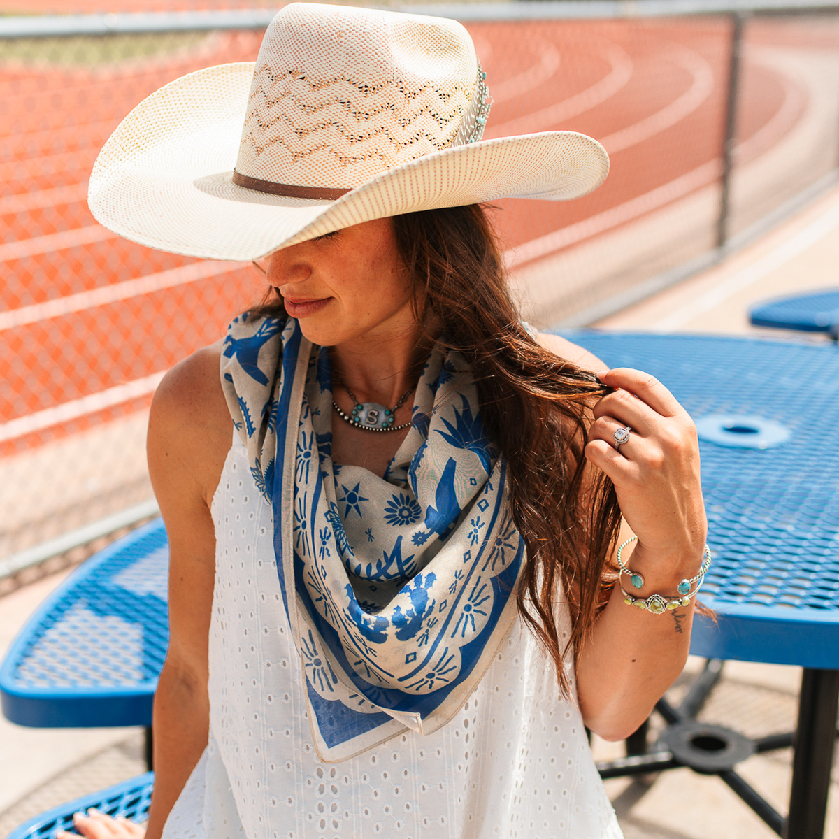 Fringe Scarves Game Day Down South Doily Bandana Blue Shorty 26 inch square bandana with extra room to tie or add a scarf slide western clothing
