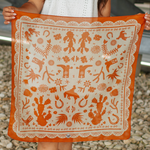 Fringe Scarves Game Day Down South Doily Bandana Orange papel picado inspired print of boots blooms horseshoes and cactus womens western boutique Utah SKU BANDDSDORG26028