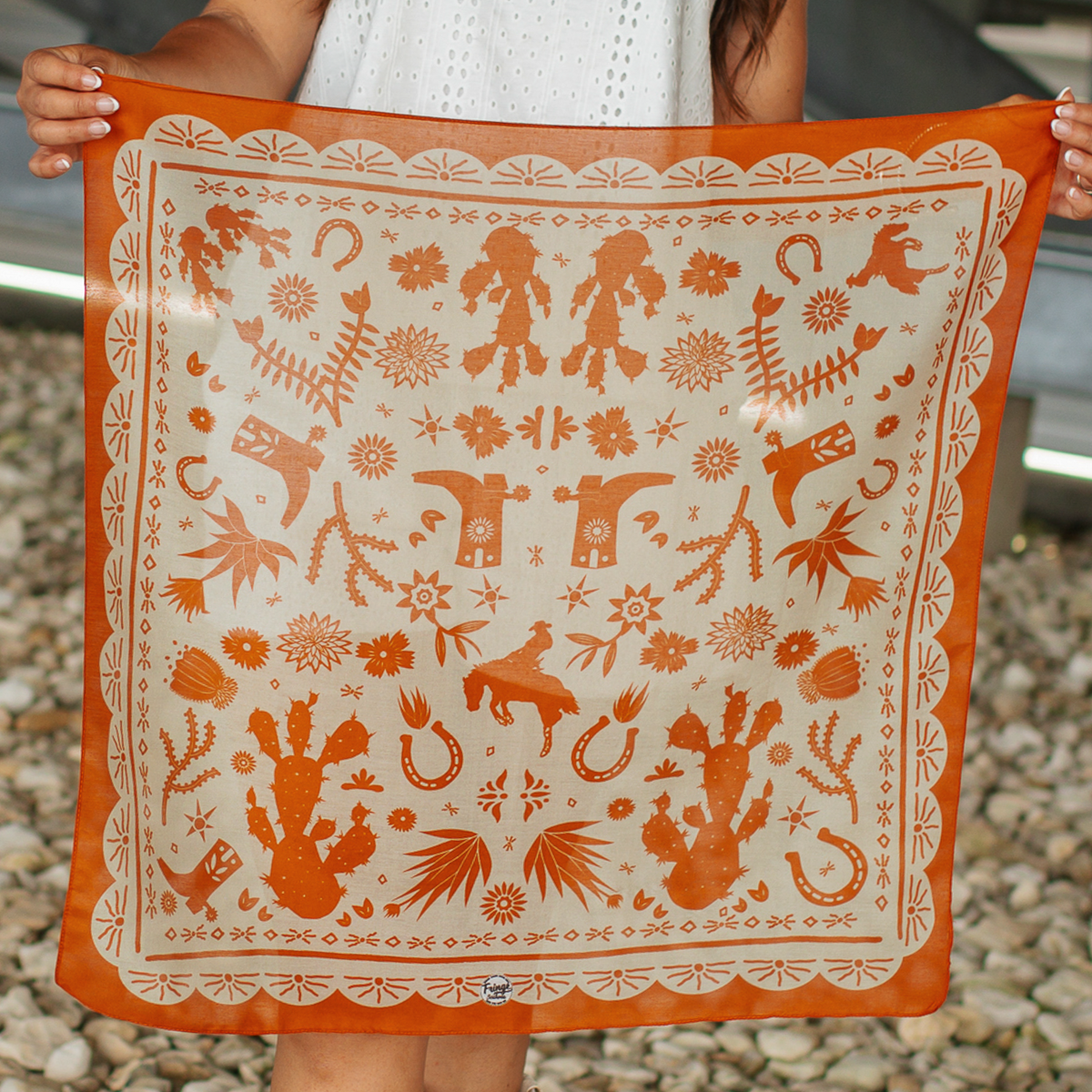 Fringe Scarves Game Day Down South Doily Bandana Orange papel picado inspired print of boots blooms horseshoes and cactus womens western boutique Utah SKU BANDDSDORG26028
