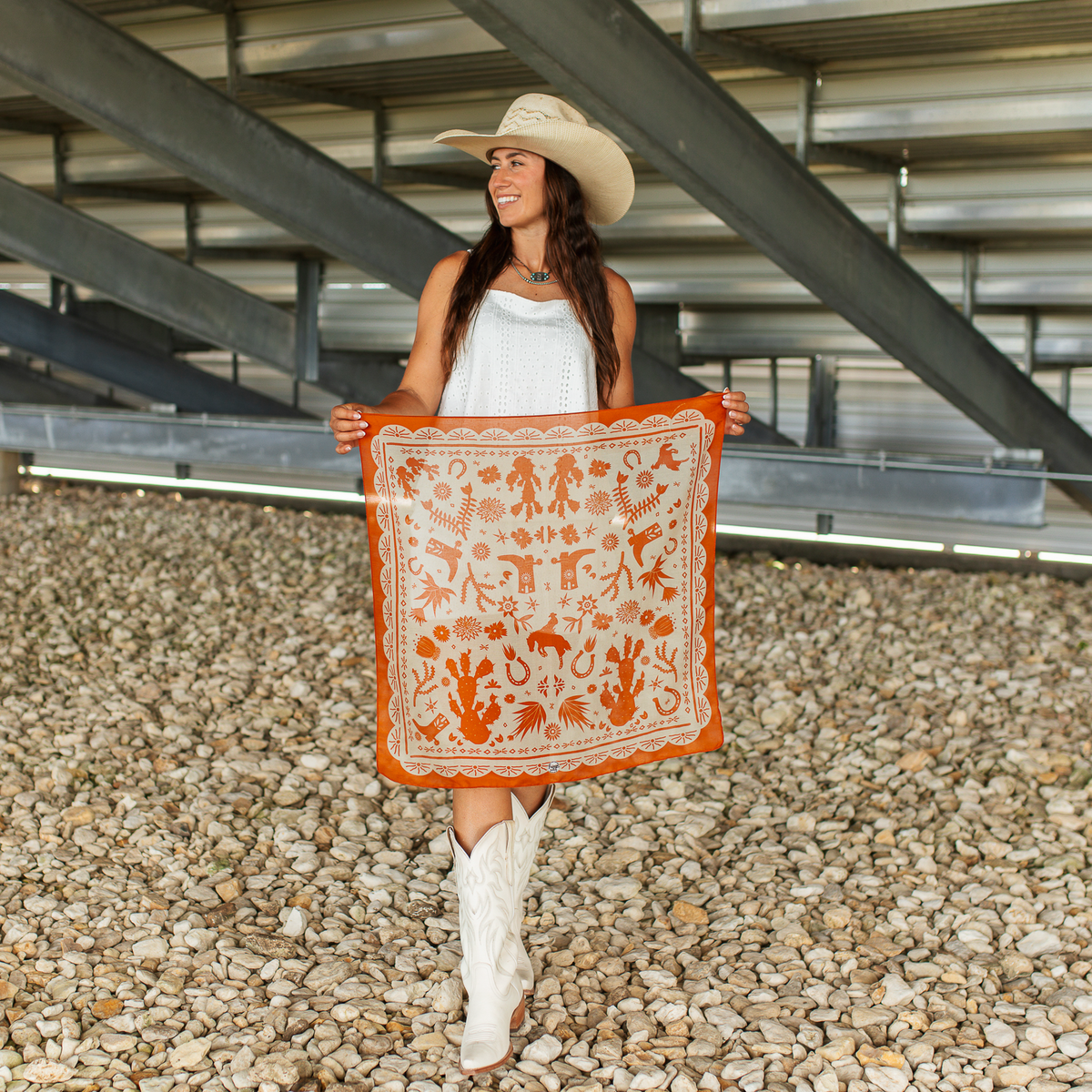Fringe Scarves Game Day Down South Doily Bandana Orange tied at the neck for game day tailgates and school spirit cowgirl